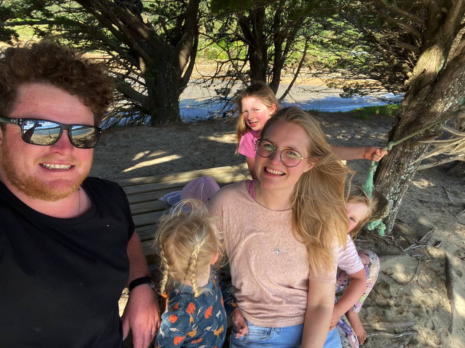 Michael and Katja with their three daughters at Ligar Bay Beach